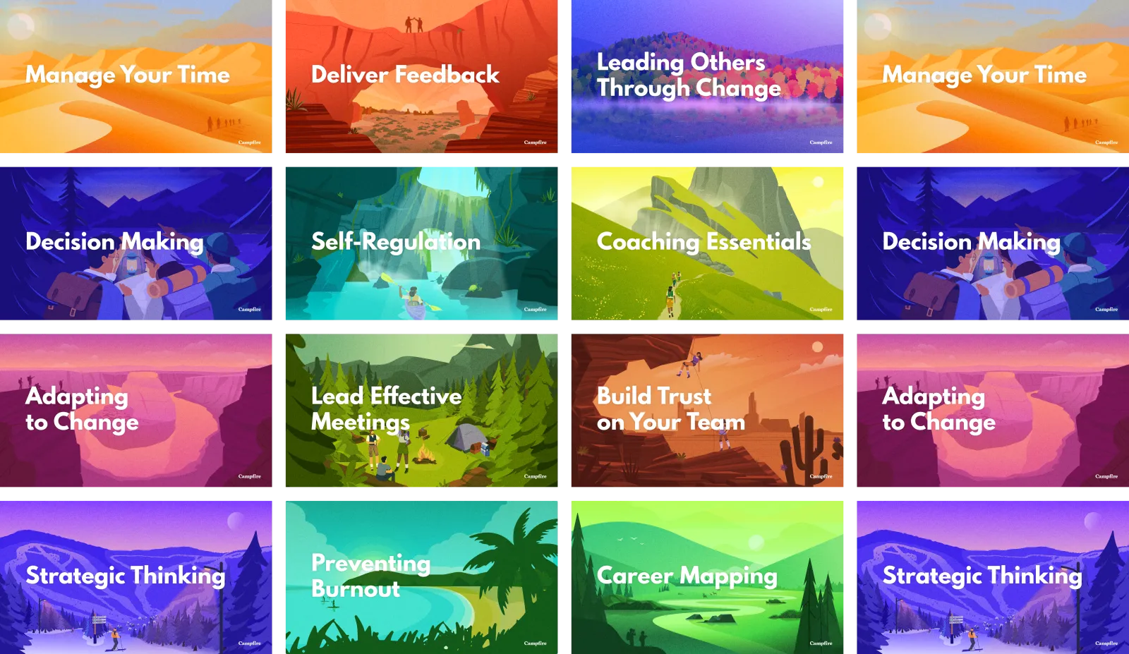 Campfire content catalog showing 50+ leadership workshop topics with illustrated cards